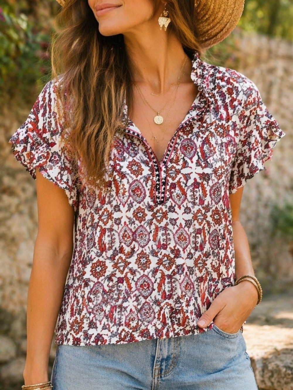 Max Studio Boho Floral Print Ruffle Sleeve Blouse Red White Peasant Top